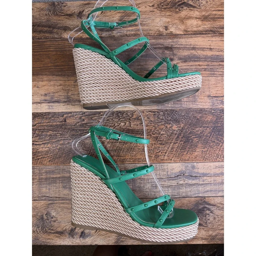 Marc Fisher Size 7 Kelly Green Zeki Espadrille Wedge Sandal Coastal Boho Resort
